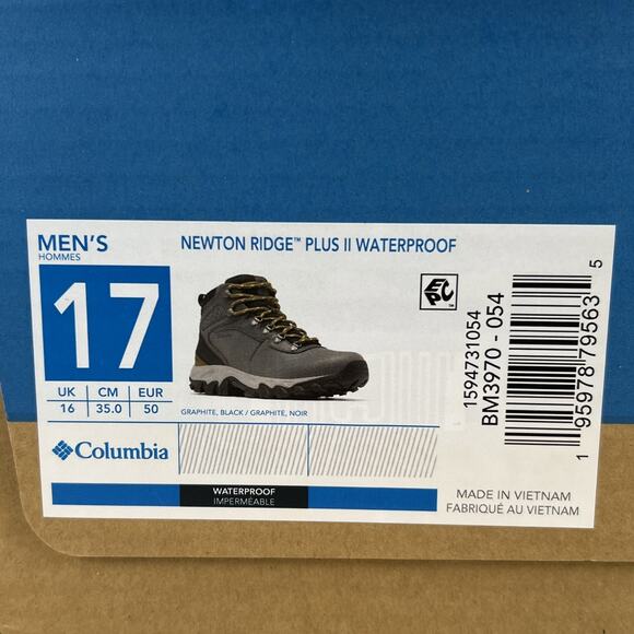 Columbia Newton Ridge Plus II Boots Graphite/Black Hiking Trail Mens Size 17